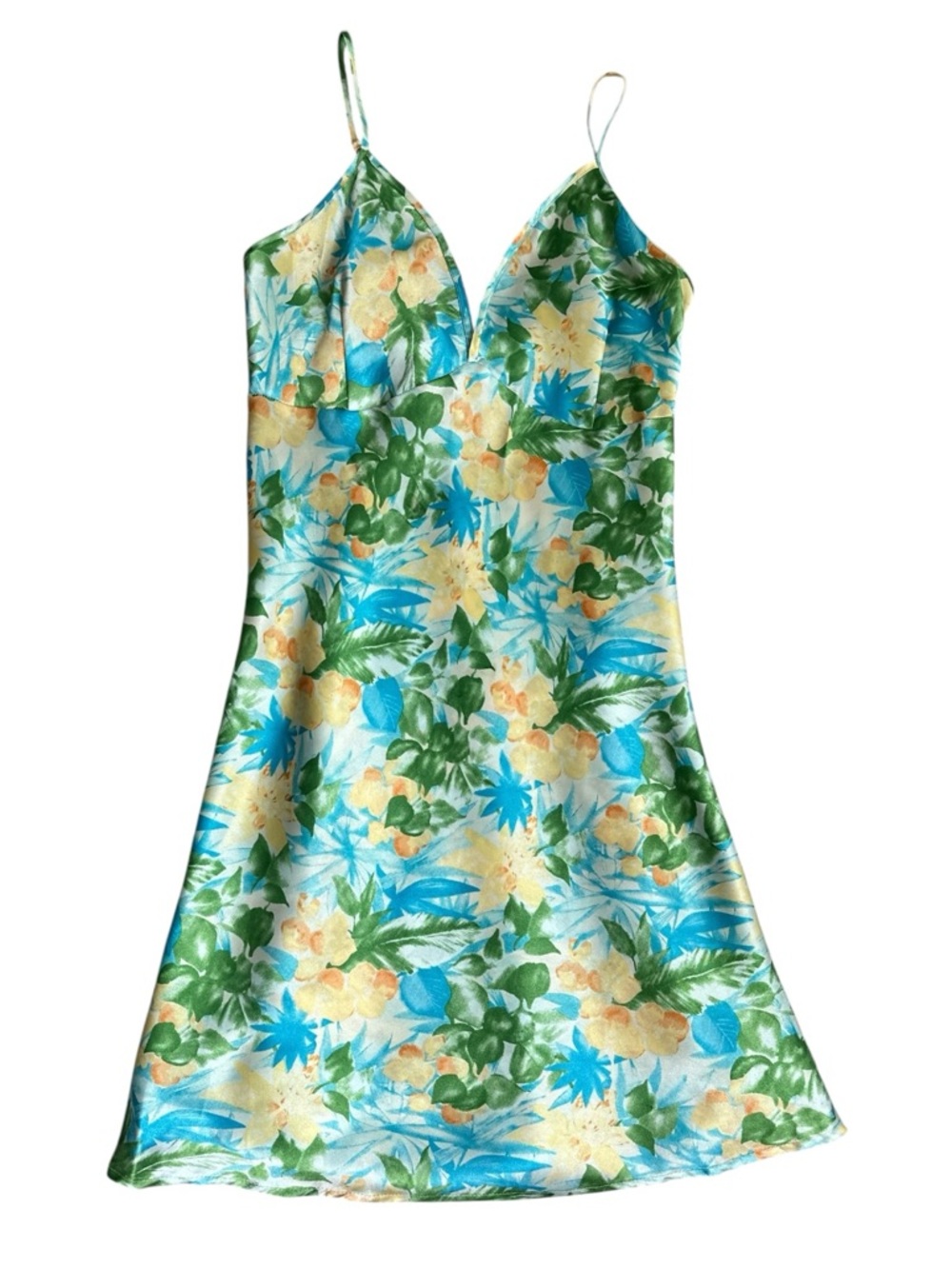 Vintage Floral Satin Slip Dress in Aqua, Green & Yellow